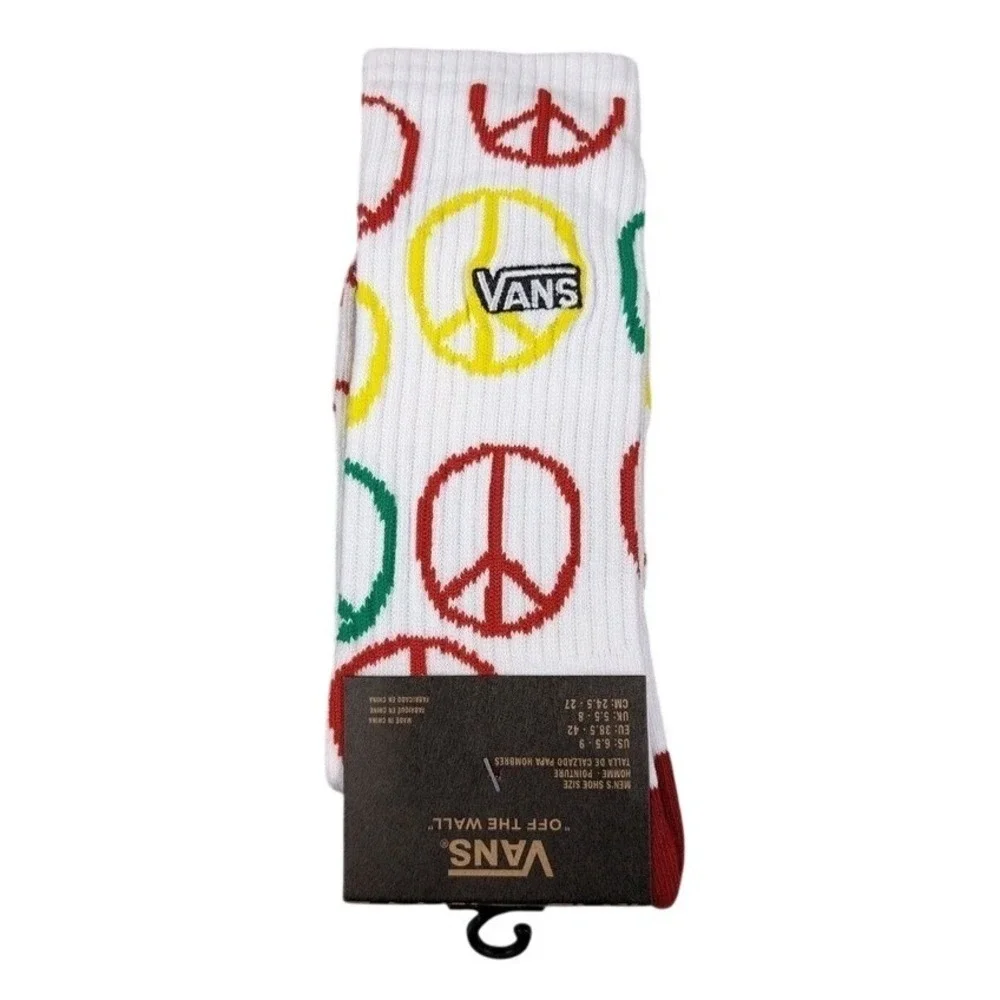 Vans Crew Socks Mens Womens 6.5-9‎ White Colorful Peace Sign Logo Skate Athletic